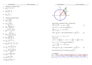 Mag. Jube Portalatino Límites y continuidad 
34 
I. Demostrar los siguientes límites 
1) 2 
lim (x 2x 1) 4 
® 
x 1 
+ + = 
2) 
1 
2 x 
+ = 
- 
3 2x 8 
lim 
® 5 x 9 
3) 
x 3 
4 
= 
lim 4 
® x 2 
- 
II. Calcular los siguientes límites 
4) 
x 4 
- + 
- - 
3 5 x 
lim 
® 1 5 x 
5) 
x 3 
lim 
®- x 7 4 
x 3 2 
+ 
+ - 
6) 
3 
3x 5 x 3 
lim 
®- x 1 1 
x 2 3 
+ + + 
+ + 
7) 
3 3 2 
x 1 
+ - + 
7 x 3 x 
lim 
® x 1 
- 
8) 
3 2 
x 4 2 
lim 
® x 2x 16x 32 
x 2 3 2 
+ - 
- - + 
9) 
x(x a) x 
lim 
®¥ x( x 3 x) 
x 2 
+ - 
+ - 
10) 2 
x 
+ - 
lim x( x 3 x) 
®-¥ 
11) 3 3 2 2 
lim ( x 3x x 2x) 
®¥ 
x 
+ - - 
12) 
2 2 
x 
- - - 
x(1 x 1) x 
lim 
®-¥ x 1 
- 
13) 
3 4 5 3 
+ - + 
x 3 x 4 
lim 
®-¥ x 1 
x 3 7 
+ 
- - 
2 cos x cos x 
lim 
® x 
14) x 0 2 
- 
tan x s en x 
lim 
® x 
15) x 0 3 
lim ctg 2x ctg ( p x) 
® 
16) x 0 2 
- 
Mag. Jube Portalatino Límites y continuidad 
7 
B 
C 
1 
x 
tan x 
x 
sen x 
y 
O A x 
Area(D OAB) £ Area(Sector OAB) £ Area(D OAC) 
sen x x tan x 
sen x 
£ £ Û 2 2 2 
£ £ (1) 
sen x x 
cos x 
Si xÎ 0, p 2  ⇒ senx, cosx son positivos ⇒ 
cos x 1 1 
sen x 
£ £ Û cos x £ £ 
1 
sen x x sen x 
x 
Como 
lim cos x 1 
® + 
x 0 
= y por un teorema anterior ⇒ 
x 0 
sen x 
= (2) 
lim 1 
® + x 
Si 2 xÎ - p , 0  ⇒ x  0 Û -x  0 
Luego, de (1) 
- £ - £ - 
sen ( x) 
sen ( x) x 
- 
cos( x) 
Û sen x 
sen x 
- sen x £ - x 
£ - Û cos x 
x sen x 
cos x 
£ £ 
Si xÎ - p , 0  ⇒ 2 senx y tanx son negativos ⇒ 
1 1 cos x 
sen x 
£ £ Û 1 £ £ 
cos x 
sen x x sen x 
x 
Como 
= = y por un teorema ⇒ 
lim cos x lim 1 1 
® - ® - 
x 0 x 0 
x 0 
sen x 
= (3) 
lim 1 
® - x 
Por lo tanto, de (2) y (3), se concluye que 
x 0 
sen x 
= 
lim 1 
® x 
3) Tabulando 
x 0.1 0.01 0.0001 0.00001 -0.1 -0.001 -0.00001 
1x 
(1+ x) 
2.5937 2.7048 2.7181 2.7183 2.8680 2.7196 2.7183 
 