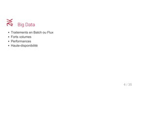 Big Data
Traitements en Batch ou Flux
Forts volumes
Performances
Haute­disponibilité
4 / 35
 