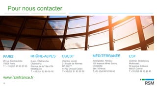 19
26 rue Cambacérès
75008 Paris
T : + 33 (0)1 47 63 67 00
(Lyon, Villefranche,
Chambéry)
2bis rue de la Tête d’Or
69006 Lyon
T: +33 (0)4 72 69 19 19
(Nantes, Laval)
213 route de Rennes
BP 60277
44702 Orvault Cedex
T:+33 (0)2 51 83 30 30
PARIS RHÔNE-ALPES OUEST
(Montpellier, Nîmes)
100 avenue Alfred Sauvy
CS 80050
34473 Pérols
T:+33 (0)4 99 52 99 40
(Colmar, Strasbourg,
Mulhouse)
50 avenue d’Alsace
68027 Colmar
T:+33 (0)3 89 20 43 43
MÉDITERRANÉE EST
Pour nous contacter
www.rsmfrance.fr
 