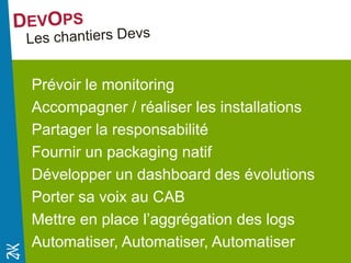 Novembre 2014 
Prévoir le monitoring 
Accompagner / réaliser les installations 
Partager la responsabilité 
Fournir un packaging natif 
Développer un dashboard des évolutions 
Porter sa voix au CAB 
Mettre en place l’aggrégation des logs 
Automatiser, Automatiser, Automatiser 
 