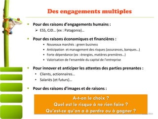 27/03/2015
Des engagements multiples
 Pour des raisons d’engagements humains :
 ESS, CJD… (ex : Patagonia)…
 Pour des raisons économiques et financières :
• Nouveaux marchés : green business
• Anticipation et management des risques (assurances, banques…)
• Forte dépendance (ex : énergies, matières premières…)
• Valorisation de l’ensemble du capital de l’entreprise
 Pour innover et anticiper les attentes des parties prenantes :
• Clients, actionnaires…
• Salariés (et futurs)…
 Pour des raisons d’images et de raisons :
 