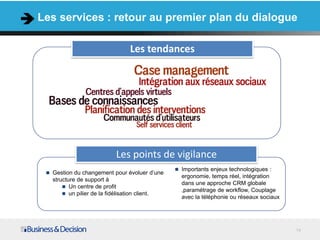 Les services : retour au premier plan du dialogue

                                    Les tendances




                              Les points de vigilance
                                                 Importants enjeux technologiques :
  Gestion du changement pour évoluer d’une
                                                  ergonomie, temps réel, intégration
   structure de support à
                                                  dans une approche CRM globale
        Un centre de profit
                                                  ,paramétrage de workflow, Couplage
        un pilier de la fidélisation client.
                                                  avec la téléphonie ou réseaux sociaux




                                                                                          14
 