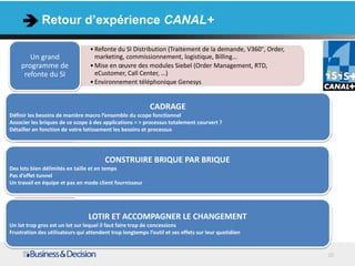Retour d’expérience CANAL+

                                 • Refonte du SI Distribution (Traitement de la demande, V360°, Order,
       Un grand                    marketing, commissionnement, logistique, Billing…
    programme de                 • Mise en œuvre des modules Siebel (Order Management, RTD,
     refonte du SI                 eCustomer, Call Center, …)
                                 • Environnement téléphonique Genesys


                                                           CADRAGE
                                  • 4 mois de cadrage (entre 20 et 30 personnes) permettant deInutilisé : le
                                                                                               décrire besoins
Définir les besoins de manière macro l’ensemble du à toutes les briques du SI
                                    besoin associé scope fonctionnel                          construits à la cible,
   Etape de cadrage                                                                           évolution des process et
Associer les briques de ce scope à des applications = > processus totalement courvert ?
                                  • Une véritable bibleprocessus
Détailler en fonction de votre lotissement les besoins et                                     des interlocuteurs



                                 • 2 briques essentielles sur des projets rapides
         ISIS+ V1 :                       CONSTRUIRE BRIQUE PAR BRIQUE
                                   • en temps métier : La gestion de campagne + la vision 360°
Des lots bien délimités en taille et
                                     Quick win
      Marketing et                                                                                   La réussite
Pas d’effet tunnel                 • Un mode task force et itératif - La recherche du standard
         callcenteret pas en mode client fournisseur
Un travail en équipe             • Equipe relativement resserrée mais une grande séniorité


                                   • Essentiellement prise de commande et billing
                                  LOTIR ET fonctionnel très important
                                   • Un scope ACCOMPAGNER LE CHANGEMENT                              Des difficultés mais aussi
          ISIS+ V2 un lot sur lequel il faut faire trop de concessions
Un lot trop gros est                                                                                 un retour d’expérience
                                   • Un effet tunnel important : un projet trop long
Frustration des utilisateurs qui attendent trop longtemps l’outil et ses effets sur leur quotidien
                                   • Beaucoup d’acteurs et de sociétés

                                                                                                                                  20
 
