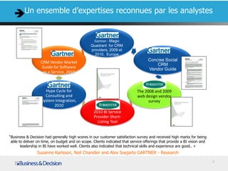 Un ensemble d’expertises reconnues par les analystes


                                                   Gartner : Magic
                                                 Quadrant for CRM
                                                 providers, 2009 et
                                                   2010, Europe
                                                                                   Concise Social
                   CRM Vendor Market
                                                                                       CRM
                    Guide for Software                                             Vendor Guide
                    as a Service, 2010


                       Gartner:
                     Hype Cycle for                                          The 2008 and 2009
                     Consulting and                                          web design vendor
                   System Integration,                                             survey
                         2010                         MDM
                                                   2010 BI Service
                                                   Provider Short-
                                                     Listing Tool


“Business & Decision had generally high scores in our customer satisfaction survey and received high marks for being
 able to deliver on time, on budget and on scope. Clients indicated that service offerings that provide a BI vision and
       leadership in BI have worked well. Clients also indicated that technical skills and experience are good.. »
                Susanne Karlsson, Neil Chandler and Alex Soejarto GARTNER - Research
                                                                                                                          8
 