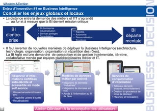Enjeu d’innovation #1 en Business Intelligence
Concilier les enjeux globaux et locaux
Atelier Qlikview : A la reconquête des utilisateurs
• La distance entre la demande des métiers et l’IT s’agrandit
… au fur et à mesure que la BI devient mission critique
• Il faut inventer de nouvelles manières de déployer la Business Intelligence (architecture,
technologie, organisation, organisation et répartition des rôles).
La BI Agile est une démarche de conception et de gestion incrémentale, itérative,
collaborative menée par équipes pluridisciplinaires métier et IT.
• BI d’entreprise
• Industrialisation
• Services partagés
• Consolidation
• Rapidité,
• Autonomie
• Personnalisation
• Souplesse
BI
départe
mentale
BI
d’entre-
prise
Réservoir d’infor-
mations certifiées
auto-décrite et
accessible en mode
self service
• Gouvernance/enrichissem
ent
• Traçabilité ,pistes d’audits
• Réutilisabilité
Modèles de données
métier par activité
• Magasins de données
“industriels”
• Magasins de données ad
hoc
• Accès à l’information au fil
de l’eau
Services de
consommation
d’information
• Tableaux de bord,
analyse, enrichissement
• Gestion du processus de
prise de décision
• Planning et forecasting
15
 