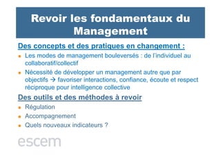 Revoir les fondamentaux du
            Management
Des concepts et des pratiques en changement :
  Les modes de management bouleversés : de l’individuel au
  collaboratif/collectif
  Nécessité de développer un management autre que par
  objectifs    favoriser interactions, confiance, écoute et respect
  réciproque pour intelligence collective
Des outils et des méthodes à revoir
  Régulation
  Accompagnement
  Quels nouveaux indicateurs ?
 