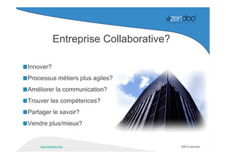 Entreprise Collaborative?

Innover?
Processus métiers plus agiles?
Améliorer la communication?
Trouver les compétences?
Partager le savoir?
Vendre plus/mieux?


    www.azendoo.com                     ©2012 azendoo
 