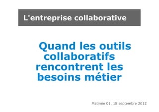 L'entreprise collaborative



    Quand les outils
     collaboratifs
   rencontrent les
   besoins métier

                 Matinée 01, 18 septembre 2012
 