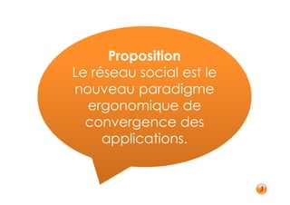 Proposition
Le réseau social est le
nouveau paradigme
  ergonomique de
  convergence des
     applications.
 