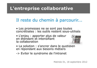 L'entreprise collaborative

  Il reste du chemin à parcourir...
  • Les promesses ne se sont pas toutes
  concrétisées : les outils restent sous-utilisés
  • L'enjeu : apporter plus de valeur
  en étendant et intensifiant
  la collaboration
  • La solution : s'ancrer dans le quotidien
  en répondant aux besoins métiers
  -> Eviter le syndrome de l'intranet

                             Matinée 01, 18 septembre 2012
 