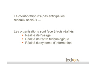 La collaboration n’a pas anticipé les
réseaux sociaux …


Les organisations sont face à trois réalités :
       Réalité de l’usage
       Réalité de l’offre technologique
       Réalité du système d’information
 