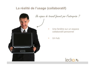 La réalité de l’usage (collaboratif)

              Un espace de travail fournit par l’entreprise ?


                           •   Une fenêtre sur un espace
                               collaboratif personnel

                           •   Un hub
 