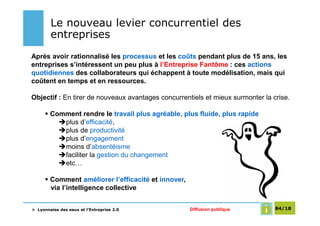 Le nouveau levier concurrentiel des
        entreprises
Après avoir rationnalisé les processus et les coûts pendant plus de 15 ans, les
entreprises s’intéressent un peu plus à l’Entreprise Fantôme : ces actions
quotidiennes des collaborateurs qui échappent à toute modélisation, mais qui
coûtent en temps et en ressources.

Objectif : En tirer de nouveaux avantages concurrentiels et mieux surmonter la crise.

        Comment rendre le travail plus agréable, plus fluide, plus rapide
           plus d’efficacité,
           plus de productivité
           plus d’engagement
           moins d’absentéisme
           faciliter la gestion du changement
           etc…

        Comment améliorer l’efficacité et innover,
        via l’intelligence collective


> Lyonnaise des eaux et l’Entreprise 2.0             Diffusion publique         84/18
 