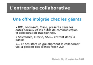L'entreprise collaborative

 Une offre intégrée chez les géants
  • IBM, Microsoft, Cisco, présents dans les
  outils sociaux et les outils de communication
  et collaboration traditionnels.
  • Salesforce, Oracle, SAP... entrent dans la
  danse
  •... et des start up qui abordent le collaboratif
  via la gestion des tâches façon 2.0



                              Matinée 01, 18 septembre 2012
 