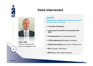 Votre intervenant

                                             AGARIK
                                             Hébergement, Infogérance, Cloud computing et
                                             Services web sur-mesure

                                             > 15 années d’existence

                                             > Lancement d’une offre de cloud public dès
                                               2010

                                             > 15 Datacenters dont 5 propriétaires Bull

                                             > 3 500 équipements hébergés et infogérés
             Cédric JEAN
             Directeur Commercial            > 30 000 interventions par an dont 10 000 de nuit
             cedric.jean@agarik.com
                                             > 80% d’équipes Techniques

                                             > 600 Kms de fibre optique déployée




20/03/2012                               © Agarik
                                                                                                 19
 