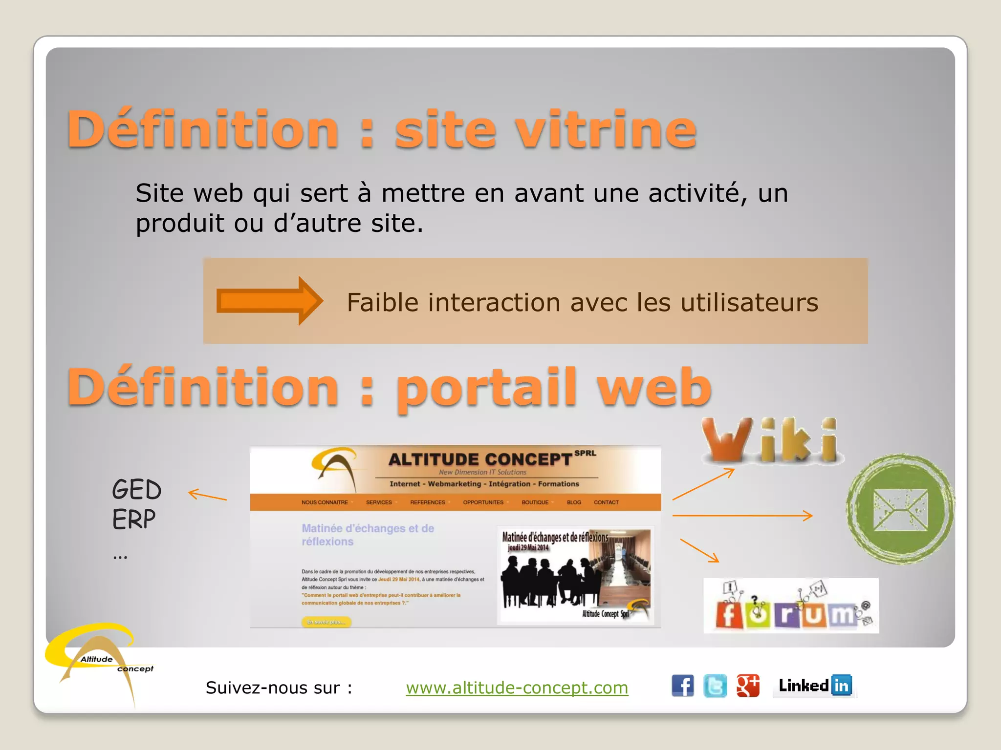 Suivez-nous sur : www.altitude-concept.com
Définition : site vitrine
Définition : portail web
Site web qui sert à mettre en avant une activité, un
produit ou d’autre site.
Faible interaction avec les utilisateurs
GED
ERP
…
 