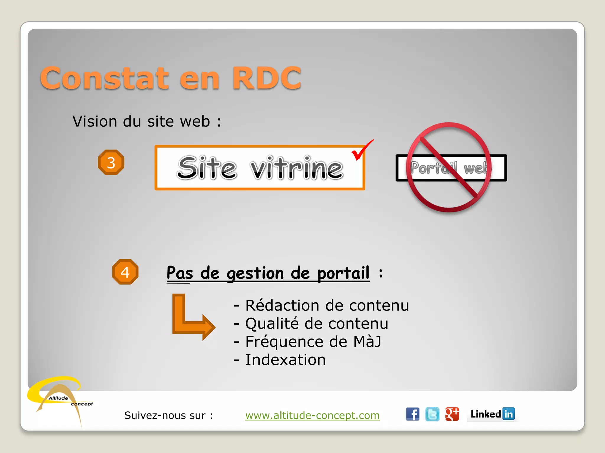Suivez-nous sur : www.altitude-concept.com
Constat en RDC
Vision du site web :
3 
4 Pas de gestion de portail :
- Rédaction de contenu
- Qualité de contenu
- Fréquence de MàJ
- Indexation
 