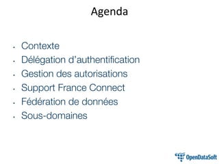 • Contexte
• Délégation d’authentification
• Gestion des autorisations
• Support France Connect
• Fédération de données
• Sous-domaines
Agenda
 