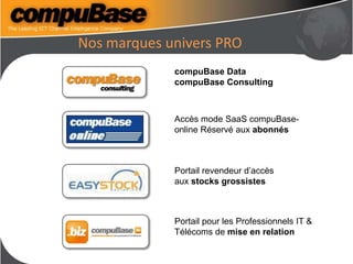 Nos marques univers PRO
compuBase Data
compuBase Consulting
Accès mode SaaS compuBase-
online Réservé aux abonnés
Portail revendeur d’accès
aux stocks grossistes
Portail pour les Professionnels IT &
Télécoms de mise en relation
 