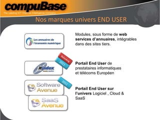 Nos marques univers END USER
Portail End User de
prestataires informatiques
et télécoms Européen
Modules, sous forme de web
services d’annuaires, intégrables
dans des sites tiers.
Portail End User sur
l’univers Logiciel , Cloud &
SaaS
 