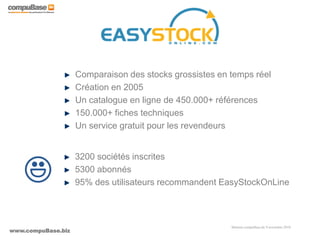 www.compuBase.biz
Matinée compuBase du 9 novembre 2010
Comparaison des stocks grossistes en temps réel
Création en 2005
Un catalogue en ligne de 450.000+ références
150.000+ fiches techniques
Un service gratuit pour les revendeurs
3200 sociétés inscrites
5300 abonnés
95% des utilisateurs recommandent EasyStockOnLine
 