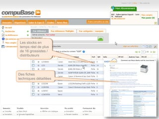 www.compuBase.biz
Matinée compuBase du 9 novembre 2010
Les stocks en
temps réel de plus
de 16 grossistes /
distributeurs
Des fiches
techniques détaillées
 