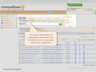 www.compuBase.biz
Matinée compuBase du 9 novembre 2010
Un module de recherche
permettant de trouver une
société ou d’un contact par
différentes approches
 