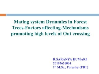 Mating system Dynamics in Forest
Trees-Factors affecting-Mechanisms
promoting high levels of Out crossing
R.SARANYA KUMARI
20195626004
1st M.Sc., Forestry (FBT)
 