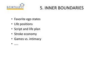 5. INNER BOUNDARIES
• Favorite ego states
• Life positions
• Script and life plan
• Stroke economy
• Games vs. intimacy
• …..
 