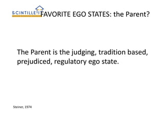 FAVORITE EGO STATES: the Parent?
The Parent is the judging, tradition based,
prejudiced, regulatory ego state.
Steiner, 1974
 