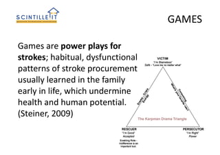 GAMES
Games are power plays for
strokes; habitual, dysfunctional
patterns of stroke procurement
usually learned in the family
early in life, which undermine
health and human potential.
(Steiner, 2009)
 