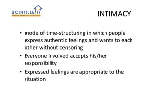 INTIMACY
• mode of time-structuring in which people
express authentic feelings and wants to each
other without censoring
• Everyone involved accepts his/her
responsibility
• Expressed feelings are appropriate to the
situation
 