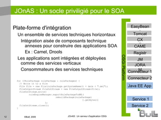 Embarqué Socle de l'IDE Eclipse Ce qui a fait connaître la technologie (plugins) Aujourd'hui très répandu dans les AS & ESB car il facilite l'assemblage de briques logicielles Modules Système de modules dynamiques pour Java 