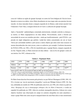 50

cerca de 5 aldeias na região do igarapé Jacurapá, no centro da Terra Indígena do Vale do Javari.
Quando eu morava na aldeia, vários Matis desenharam em meu mapa onde seus parentes haviam
nascido. As áreas marcadas foram a margem esquerda do rio Branco, onde teriam nascido Ivan
Chukurutá e Tumi Tuku, a margem direita do rio Coari e a cabeceira do igarapé Jacurapá.


Após a ‘hecatombe’ epidemiológica comentada anteriormente, tentando controlar as doenças e
as mortes, os Matis reagruparam-se em duas aldeias. Provavelmente, assim o fizeram por
necessidade de acesso aos remédios providos - ainda que insuficientemente - pela FUNAI e por
pressão do órgão indigenista que preferia ‘cuidar’dos índios concentrados em um só local.
Talvez por curiosidade também e pelo acesso a tantos objetos que antes eram mais escassos ou
mesmo desconhecidos dos mais jovens, como os cachorros, por exemplo. Conforme documento
da FUNAI (1998), em 1982, o PIA foi transferido para o igarapé Boeiro, margem esquerda do
rio Ituí. Naquele então, os Matis moravam em duas aldeias – uma na foz do igarapé e outra em
seu interior. Em 1987, voltaram ao Ituí.


                                       Tabela 2 – População Matis
ANO           1979          1980          1982           1986          1992           1995          2006

Aldeias       03            05            02             02            01             01            02

Pessoas       132           138           90*            109           155            176           163**
Fonte: FUNAI, 1998: 78, com exceção dos dados de 2006, que são desta pesquisa.
* Em 1987, como já citado anteriormente, a população chegou a ser de 83 pessoas (Erikson, 2002:179).
** Apenas na aldeia Aurélio, há 163 Matis recenseados. Não tive acesso ao censo da aldeia Beija-Flor. Estimo que,
em 2007, o total de Matis tenha ultrapassado os 300, se somado os moradores das duas aldeias.


Os Matis foram descritos brevemente pela primeira vez por Delvair Montagner (CEDI, 1981: 83-
93) e tiveram sua ‘ata de nascimento etnográfico’ escrita por Philippe Erikson (1999: 18). Sua
tese, defendida em outubro de 1990, foi publicada como livro, em 1996, sob o título La griffe des
Aïeux. Marquage du corp et demarquages ethniques chez les Matis d’Amazonie; a versão em
espanhol foi publicada em 1999. Além de excelente monografia descritiva, Erikson teve como
objetivo localizar suas observações de campo no contexto etnográfico do oeste amazônico e
situar o grupo Matis não como um povo marginal dentro da zona Pano (são os mais setentrionais
 