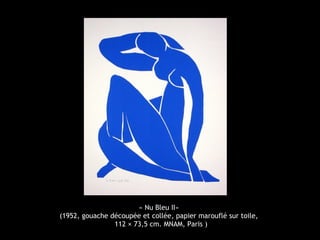 « Nu Bleu II»
(1952, gouache découpée et collée, papier marouflé sur toile,
112 × 73,5 cm. MNAM, Paris )
 