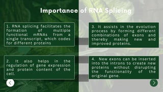01
1. RNA splicing facilitates the
formation of multiple
functional mRNAs from a
single transcript, which codes
for different proteins
02
2. It also helps in the
regulation of gene expression
and protein content of the
cell.
3. It assists in the evolution
process by forming different
combinations of exons and
thereby making new and
improved proteins.
4. New exons can be inserted
into the introns to create new
proteins without disrupting
the functionality of the
original gene.
 
