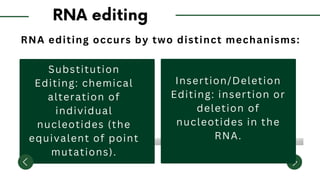 RNA editing occurs by two distinct mechanisms:
Substitution
Editing: chemical
alteration of
individual
nucleotides (the
equivalent of point
mutations).
Insertion/Deletion
Editing: insertion or
deletion of
nucleotides in the
RNA.
 