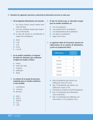 222 | Unidad 5
1. De las siguientes afirmaciones,son correctas:
I. los chinos hacían censos desde hace
miles de años.
II. los incas utilizaban quipus para organi-
zar la información.
III. La obra de Graunt es considerada el
origen de la Estadística.
A. Solo I
B. I y III
C. I y II
D. II y III
E. I, II y III.
2. En un análisis estadístico, el conjunto
de todos los elementos que conforman
el objeto de estudio se llama:
A. rango.
B. marca de clase.
C. muestra.
D. población.
E. datos.
3. La estatura de un grupo de personas,
empleada para un estudio estadístico,
es una variable:
I. cuantitativa.
II. continua.
III. discreta.
A. Solo I
B. Solo II
C. Solo III
D. I y II
E. I y III
4. El tipo de muestra que es adecuado escoger
para un estudio estadístico, es:
A. una muy pequeña.
B. una proporcional a la población.
C. una representativa de la población.
D. una igual a la población.
E. según sea el caso.
5. La siguiente tabla de frecuencias muestra las
calificaciones de un examen de Matemática.
¿Cuál es la proposición falsa?
A. Hay 6 estudiantes que tienen una
calificación entre 6,0 y 6,9.
B. Hay 14 estudiantes que tienen una
calificación mayor a 4,9.
C. El total de la muestra es de 40 estudiantes.
D. Hay 13 estudiantes que obtuvieron
nota insuficiente.
E. Hay 11 estudiantes que calificaron con
nota inferior a 7,0 y superior a 6,0.
III. Resuelve los siguientes ejercicios y selecciona la alternativa correcta en cada caso.
Calificaciones
Cantidad de
estudiantes
7,0 3
6,0-6,9 6
5,0-5,9 5
4,0-4,9 13
3,0-3,9 10
2,0-2,9 3
UNIDAD 5 (194-223)C :Maquetación 1 4/11/10 16:55 Página 222
 
