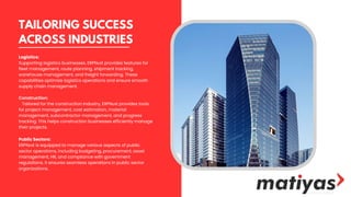 TAILORING SUCCESS
ACROSS INDUSTRIES
Logistics:
Supporting logistics businesses, ERPNеxt provides features for
fleet management, route planning, shipment tracking,
warehouse management, and freight forwarding. These
capabilities optimize logistics operations and ensure smooth
supply chain management.
Construction:
Tailored for the construction industry, ERPNеxt provides tools
for project management, cost estimation, material
management, subcontractor management, and progress
tracking. This helps construction businesses efficiently manage
their projects.
Public Sectors:
ERPNеxt is equipped to manage various aspects of public
sector operations, including budgeting, procurement, asset
management, HR, and compliance with government
regulations. It ensures seamless operations in public sector
organizations.
 