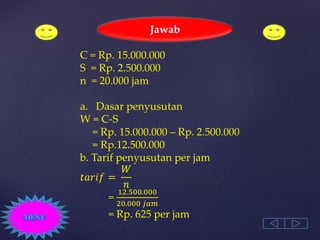 C = Rp. 15.000.000
S = Rp. 2.500.000
n = 20.000 jam
a. Dasar penyusutan
W = C-S
= Rp. 15.000.000 – Rp. 2.500.000
= Rp.12.500.000
b. Tarif penyusutan per jam
𝑡𝑎𝑟𝑖𝑓 =
𝑊
𝑛
=
12.500.000
20.000 𝑗𝑎𝑚
= Rp. 625 per jam
Jawab
 