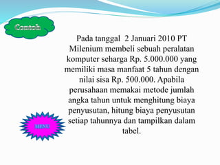 Pada tanggal 2 Januari 2010 PT
Milenium membeli sebuah peralatan
komputer seharga Rp. 5.000.000 yang
memiliki masa manfaat 5 tahun dengan
nilai sisa Rp. 500.000. Apabila
perusahaan memakai metode jumlah
angka tahun untuk menghitung biaya
penyusutan, hitung biaya penyusutan
setiap tahunnya dan tampilkan dalam
tabel.
 
