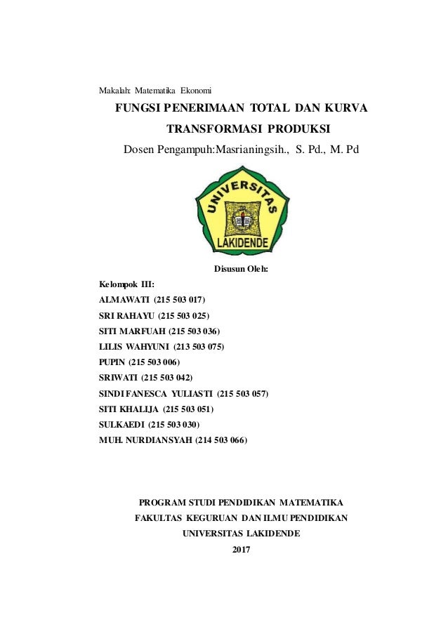 Makalah Fungsi Penerimaan Total Dan Kurva Transformasi Prouksi