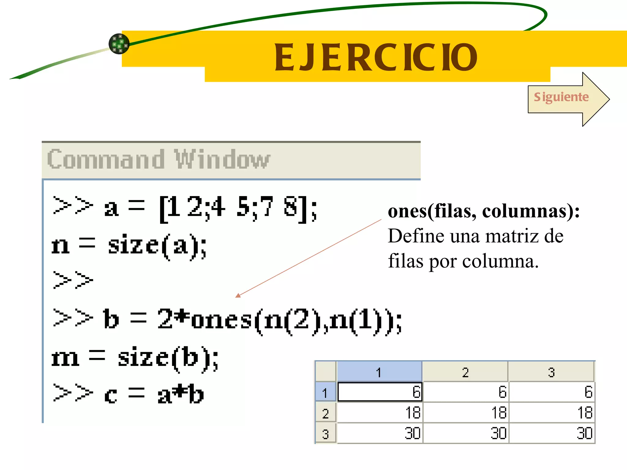 EJERCICIO ones(filas, columnas):  Define una matriz de filas por columna. Siguiente 