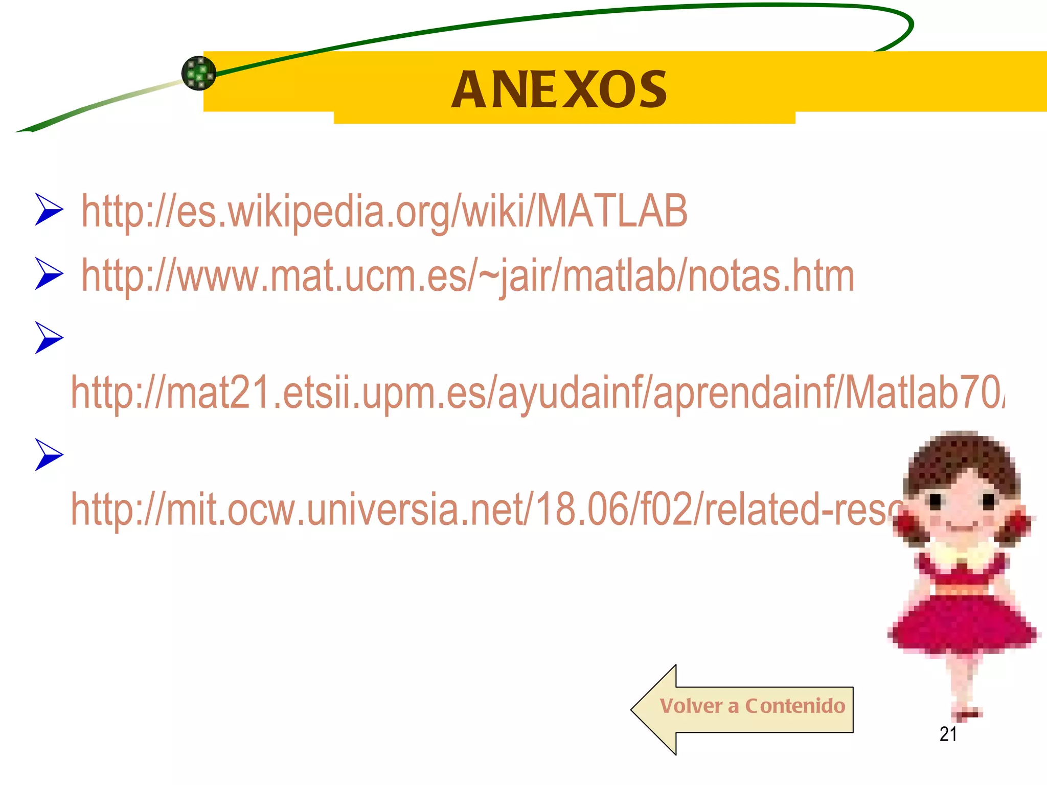 ANEXOS http://es.wikipedia.org/wiki/MATLAB http://www.mat.ucm.es/~jair/matlab/notas.htm http://mat21.etsii.upm.es/ayudainf/aprendainf/Matlab70/matlab70primero.pdf http://mit.ocw.universia.net/18.06/f02/related-resources/matlab.pdf Volver a Contenido 