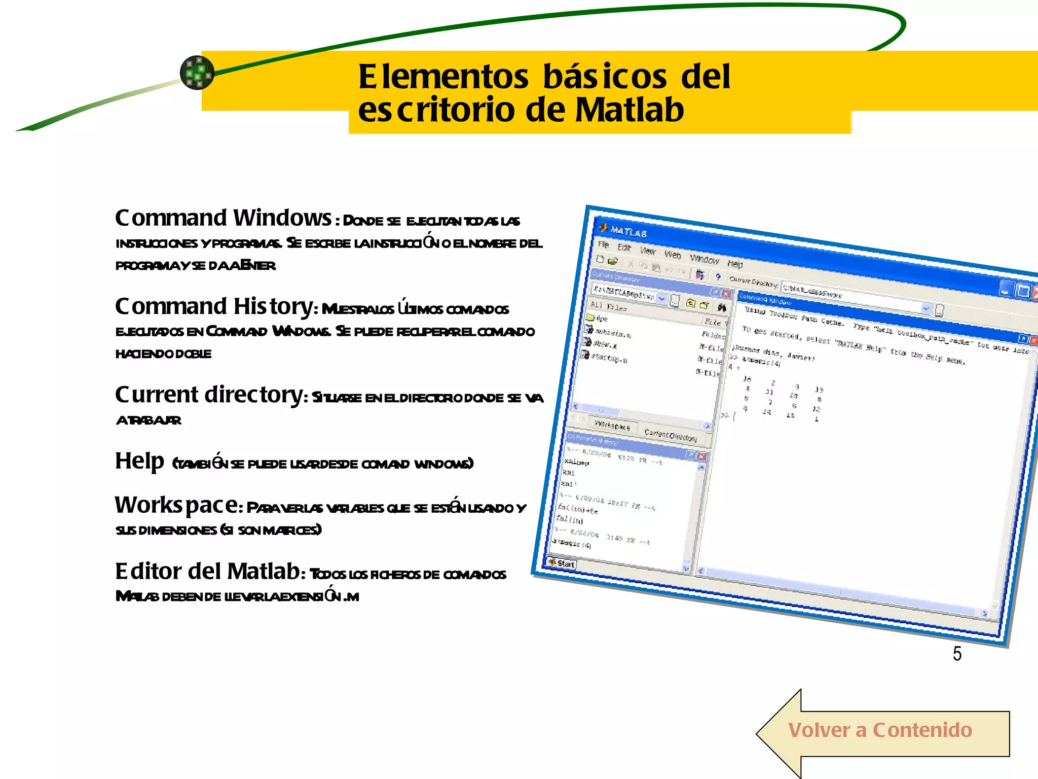 Elementos básicos del escritorio de Matlab Command Windows : Donde se   ejecutan todas las instrucciones y programas. Se escribe la instrucción o el nombre del programa y se da a Enter.  Command History : Muestra los últimos comandos ejecutados en Command Windows. Se puede recuperar el comando haciendo doble Current directory : Situarse en el directorio donde se va a trabajar Help  (también se puede usar desde comand windows) Workspace : Para ver las variables que se están usando y sus dimensiones (si son matrices) Editor del Matlab : Todos los ficheros de comandos Matlab deben de llevar la extensión .m Volver a Contenido 