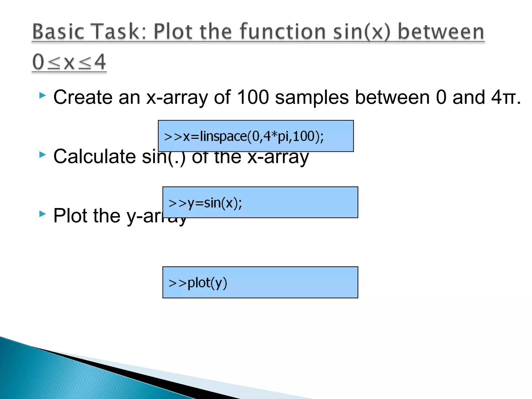    Create an x-array of 100 samples between 0 and 4π.

   Calculate sin(.) of the x-array

   Plot the y-array
 