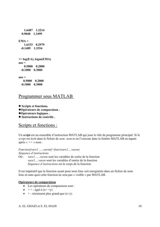 1.6487 1.2214
  0.9048 1.3499

EMA =
    1.6333 0.2979
 -0.1489 1.3354


>> log(EA), logm(EMA)
ans =
    0.5000 0.2000
 -0.1000 0.3000

ans =
   0.5000 0.2000
 -0.1000 0.3000


Programmer sous MATLAB
 Scripts et fonctions.
 Opérateurs de comparaison .
 Opérateurs logiques .
 Instructions de contrôle .

Scripts et fonctions :
Un script est un ensemble d’instruction MATLAB qui joue le rôle de programme principal. Si le
script est écrit dans le fichier de nom nom.m on l’exécute dans la fenêtre MATLAB en tapant
après « >> » nom .

Function[vars1 ,…,varsm]=fonc(vare1,…varen)
Séquence d’instructions
Où : vars1 ,…,varsm sont les variables de sortie de la fonction
       vare1,…varen sont les variables d’entrée de la fonction
       Séquence d’instructions est le corps de la fonction.

Il est impératif que la fonction ayant pour nom fonc soit enregistrée dans un fichier de nom
fonc.m sans quoi cette fonction ne sera pas « visible » par MATLAB.

Opérateurs de comparaison
  • Les opérateurs de comparaison sont :
  • = = : égal à (x= =y)
  • > : stictement plus grand que (x>y)


A. EL GHAZI et S. EL HAJJI                                                                     10
 