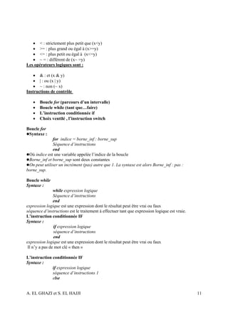 • < : strictement plus petit que (x<y)
   • >= : plus grand ou égal à (x>=y)
   • <= : plus petit ou égal à (x<=y)
   • ~ = : différent de (x~ =y)
Les opérateurs logiques sont :

   • & : et (x & y)
   • | : ou (x | y)
   • ~ : non (~ x)
Instructions de contrôle

   •   Boucle for (parcours d’un intervalle)
   •   Boucle while (tant que…faire)
   •   L’instruction conditionnée if
   •   Choix ventilé , l’instruction switch

Boucle for
 Syntaxe :
              for indice = borne_inf : borne_sup
              Séquence d’instructions
              end
 Où indice est une variable appelée l’indice de la boucle
 Borne_inf et borne_sup sont deux constantes
 On peut utiliser un incrément (pas) autre que 1. La syntaxe est alors Borne_inf : pas :
borne_sup.

Boucle while
Syntaxe :
                while expression logique
                Séquence d’instructions
                end
expression logique est une expression dont le résultat peut être vrai ou faux
séquence d’instructions est le traitement à effectuer tant que expression logique est vraie.
L’instruction conditionnée IF
Syntaxe :
                if expression logique
                séquence d’instructions
                end
expression logique est une expression dont le résultat peut être vrai ou faux
 Il n’y a pas de mot clé « then »

L’instruction conditionnée IF
Syntaxe :
              if expression logique
              séquence d’instructions 1
              else


A. EL GHAZI et S. EL HAJJI                                                                     11
 