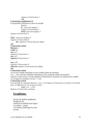 séquence d’instructions 2
                end
L’instruction conditionnée IF
Il est possible d’effectuer un chois en cascade :
                Syntaxe :
                if expression logique 1
                séquence d’instructions 1
                elseif expression logique 2
séquence d’instructions 2
…
elseif expression logique N
séquence d’instructions N
        else séquence d’instructions par défaut
end
L’instruction switch
  Syntaxe :
switch var
case cst1,
séquence d’instructions 1
case cst2,
séquence d’instructions 2
…
case cstN,
séquence d’instructions N
otherwise séquence d’instructions par défaut
end
L’instruction switch
var est une variable numérique ou une variable chaîne de caractères
cst1,…,cstN, sont des constantes numérique ou des constantes chaîne de caractères
séquence d’instructions i est une séquence d’instructions à exécuter si le contenu de la variable
var est égal à la constante csti (var= =csti).
L’instruction switch
Il est possible de regrouper plusieurs « cas » si la séquence d’instructions à exécuter est la même
pour ces différents cas. La syntaxe est alors :
                 Case{ cst1,…,cstN}
Séquence d’instructions commune

   Graphisme
   Gestion des fenêtres graphiques
   Graphisme 2D
   Améliorer la lisibilité d'une figure
   Les entrées – sorties
   Les formats d'affichage des réels
   Lecture



A. EL GHAZI et S. EL HAJJI                                                                      12
 