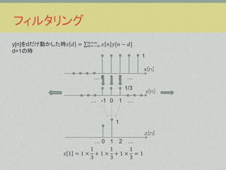 フィルタリング
y[n]をdだけ動かした時𝑧 𝑑 =
d=1の時

𝑛=&infin;
𝑛=&minus;&infin;

𝑥 𝑛 𝑦[𝑛 &minus; 𝑑]
1
x[n]

&hellip;0 1

2 &hellip;
1/3

&hellip; -1 0

y[n]

1 &hellip;

1
z[n]

&hellip;0 1 2 &hellip;
1
1
1
𝑧 1 =1&times; +1&times; +1&times; =1
3
3
3

 